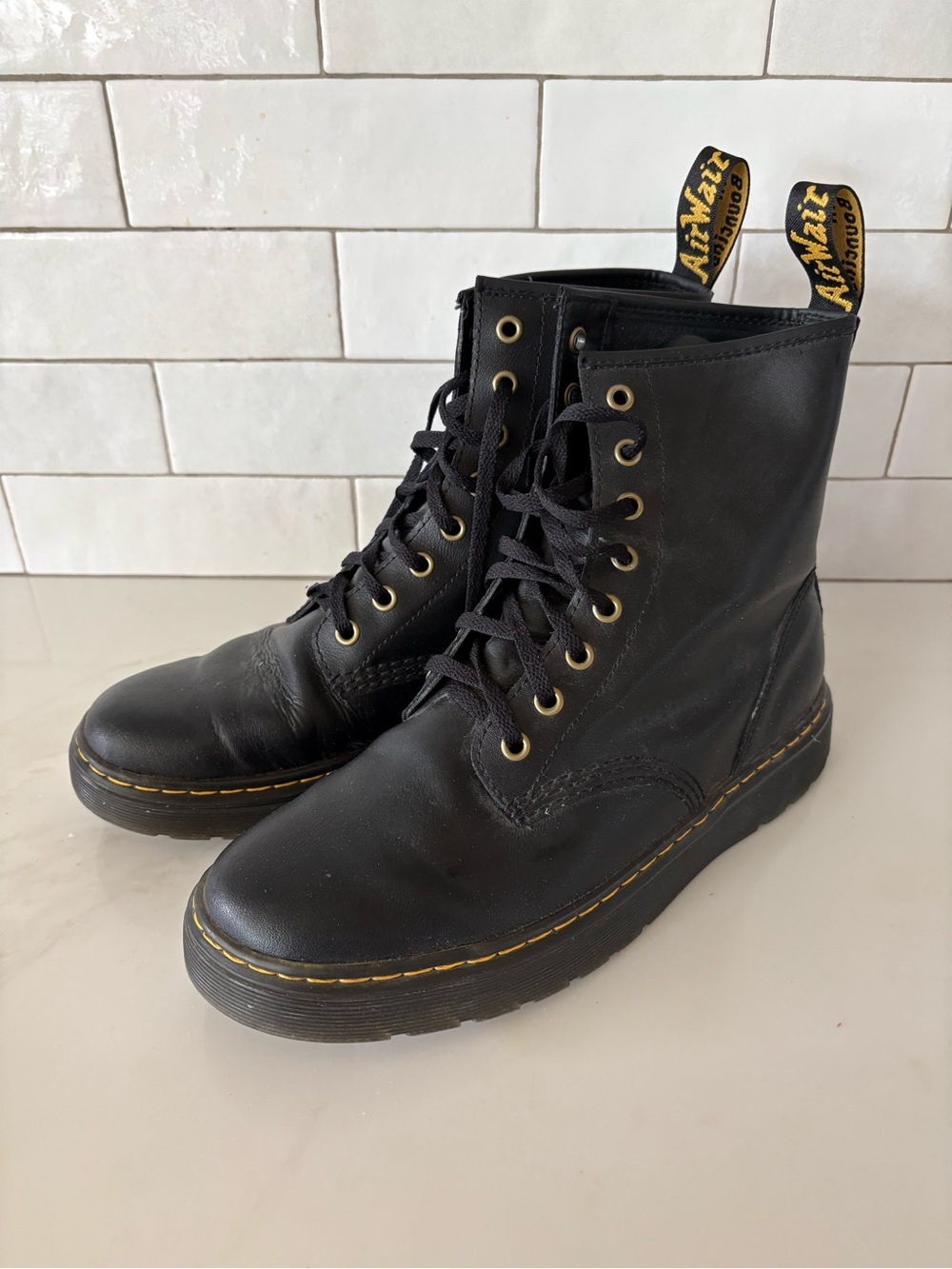 Dr. Martens Black Leather Lace-Up Ankle Boots with Yellow Stitching